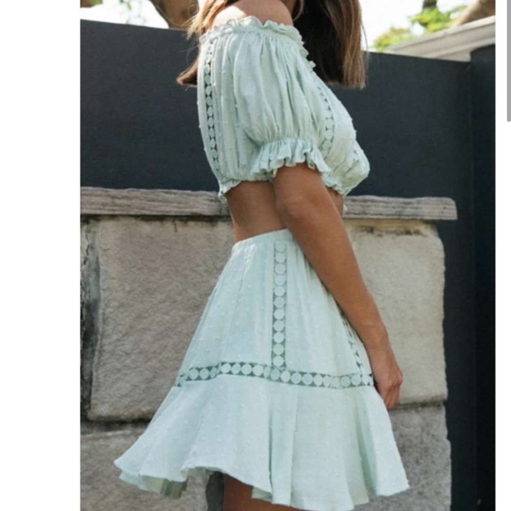 Swiss dot off shoulder crop top mini skirt set - Picture 3 of 9